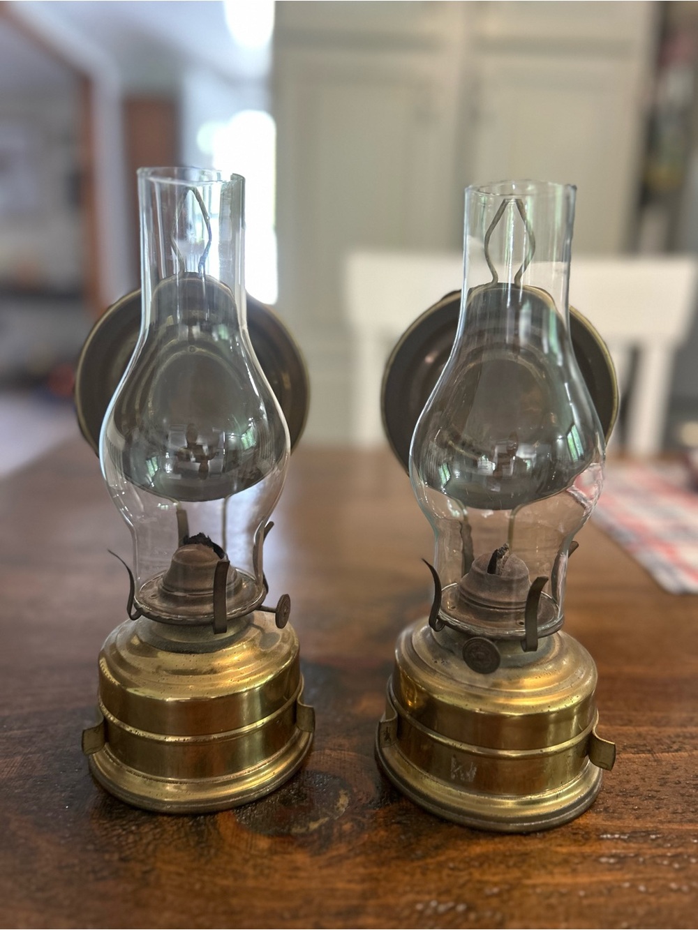 2 Antique Brass Oil Lamps Able To Hang On Walls. Made In Germany